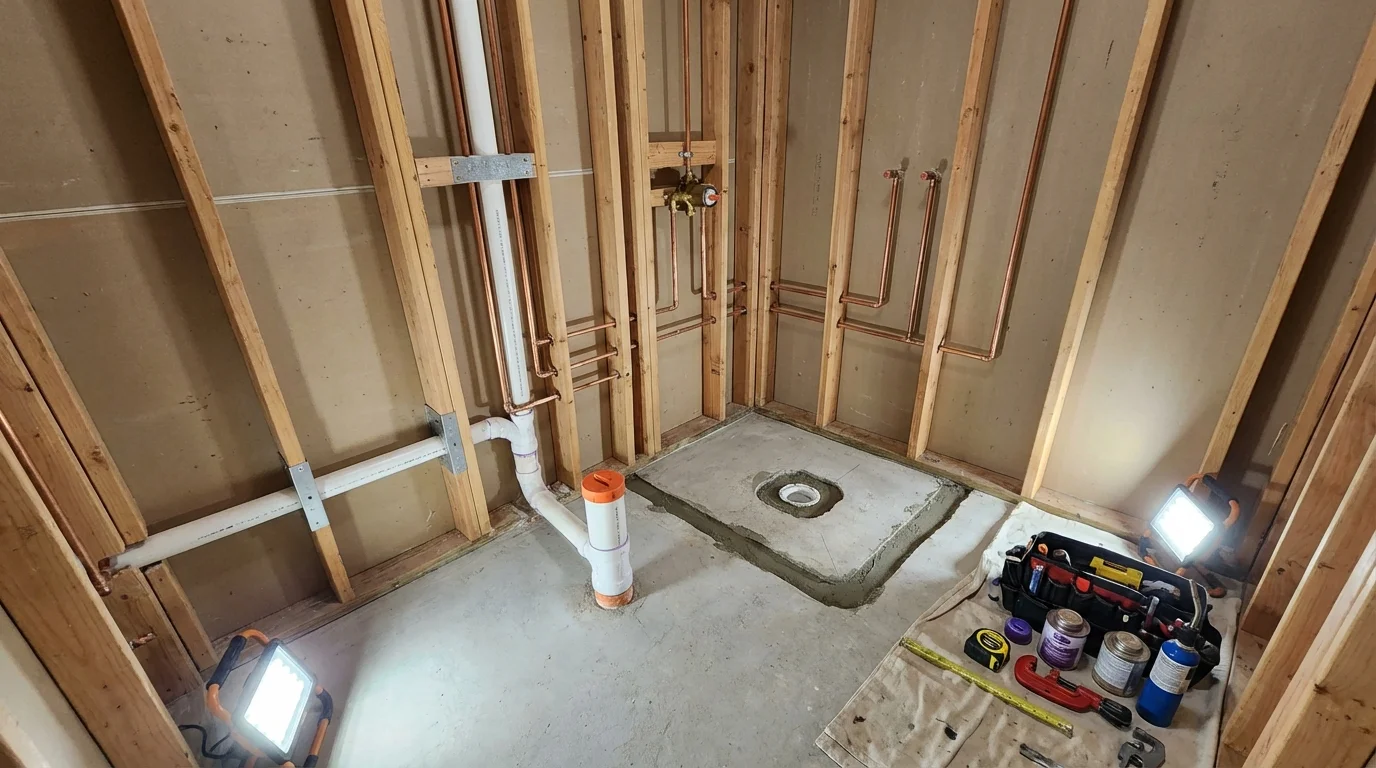 Bathroom rough-in plumbing during remodel by Johns Plumbing LLC in Dunlap
