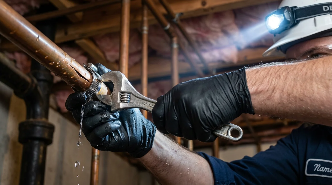 Emergency pipe clamp repair being performed by a Johns Plumbing LLC plumber in Dunlap