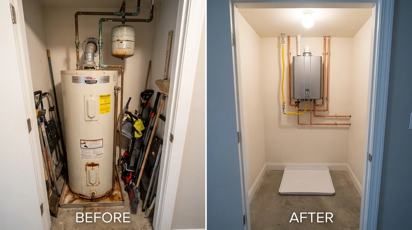 Tank water heater versus wall-mounted tankless unit comparison for Dunlap, IL homeowners