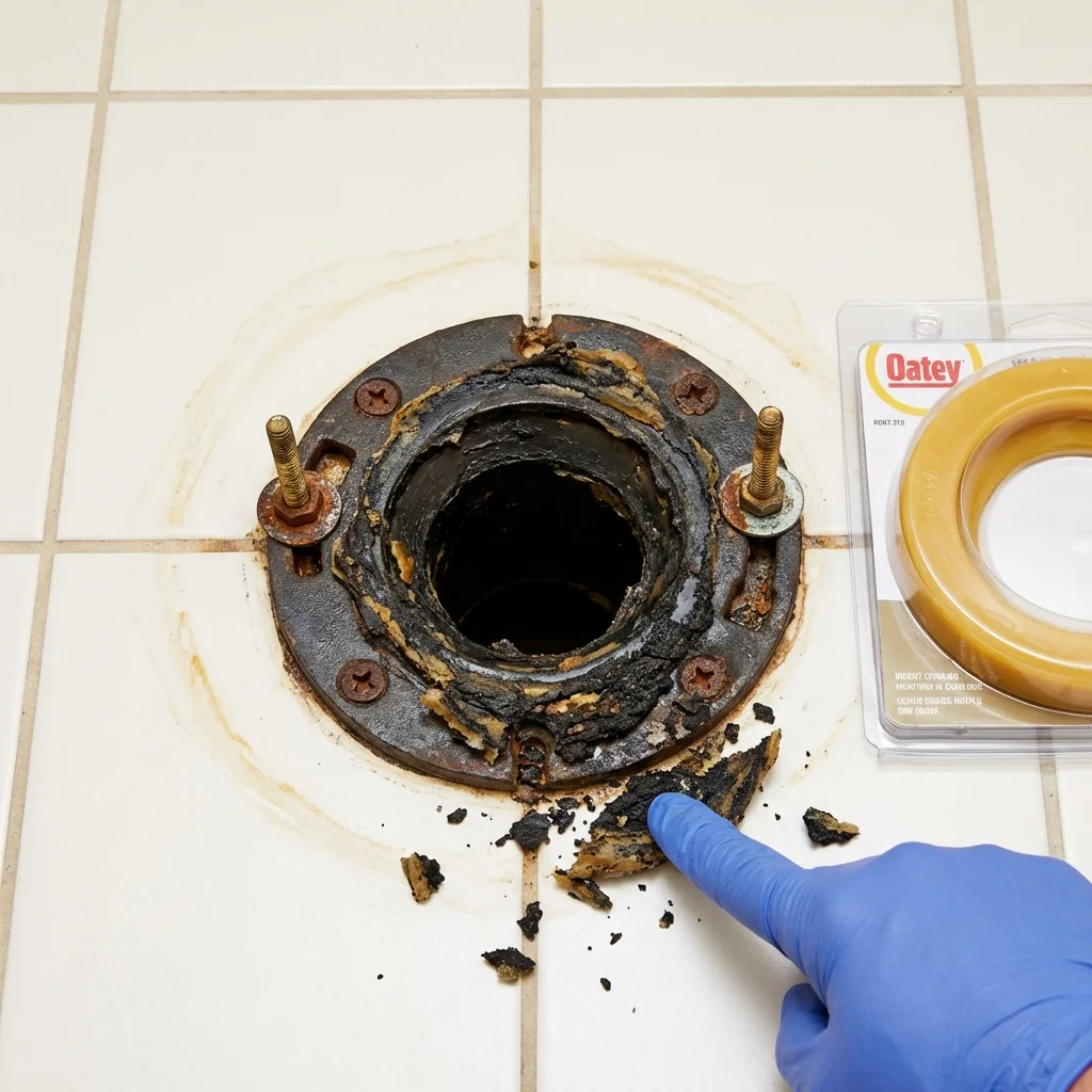 Failed wax ring showing water seepage at the base of a toilet in a Dunlap, IL home