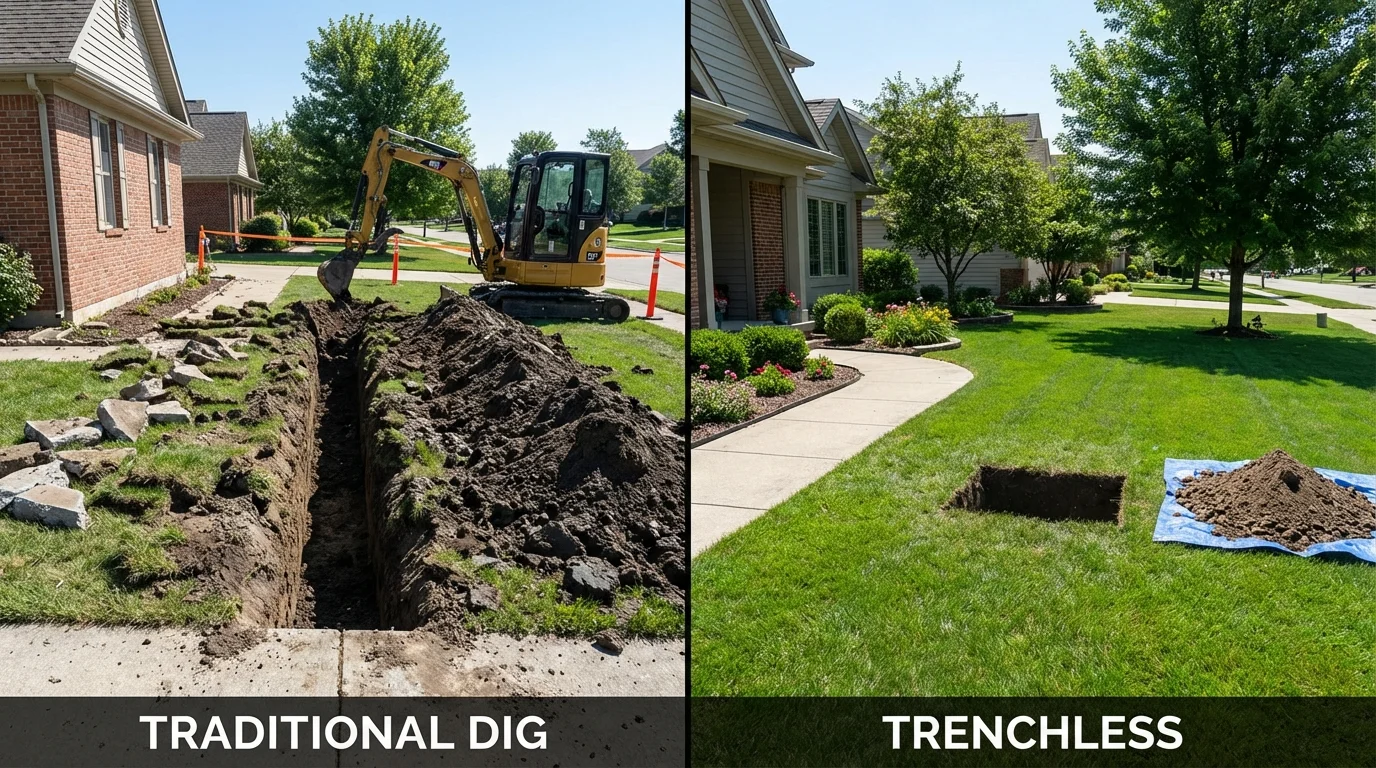Trenchless sewer repair with minimal yard damage versus traditional excavation in Dunlap, IL
